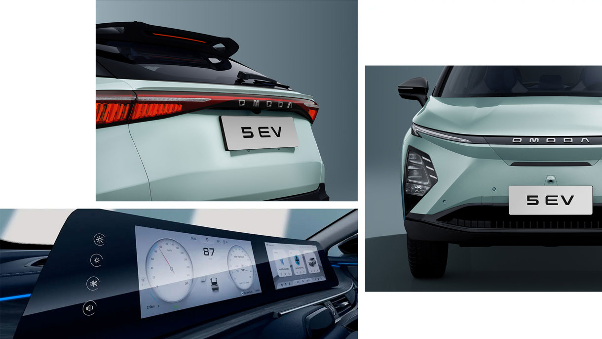 Collage af Omoda 5 EV, der viser den udvendige side af bilen bagfra og forfra samt et nærbillede af det digitale instrumentbræt.