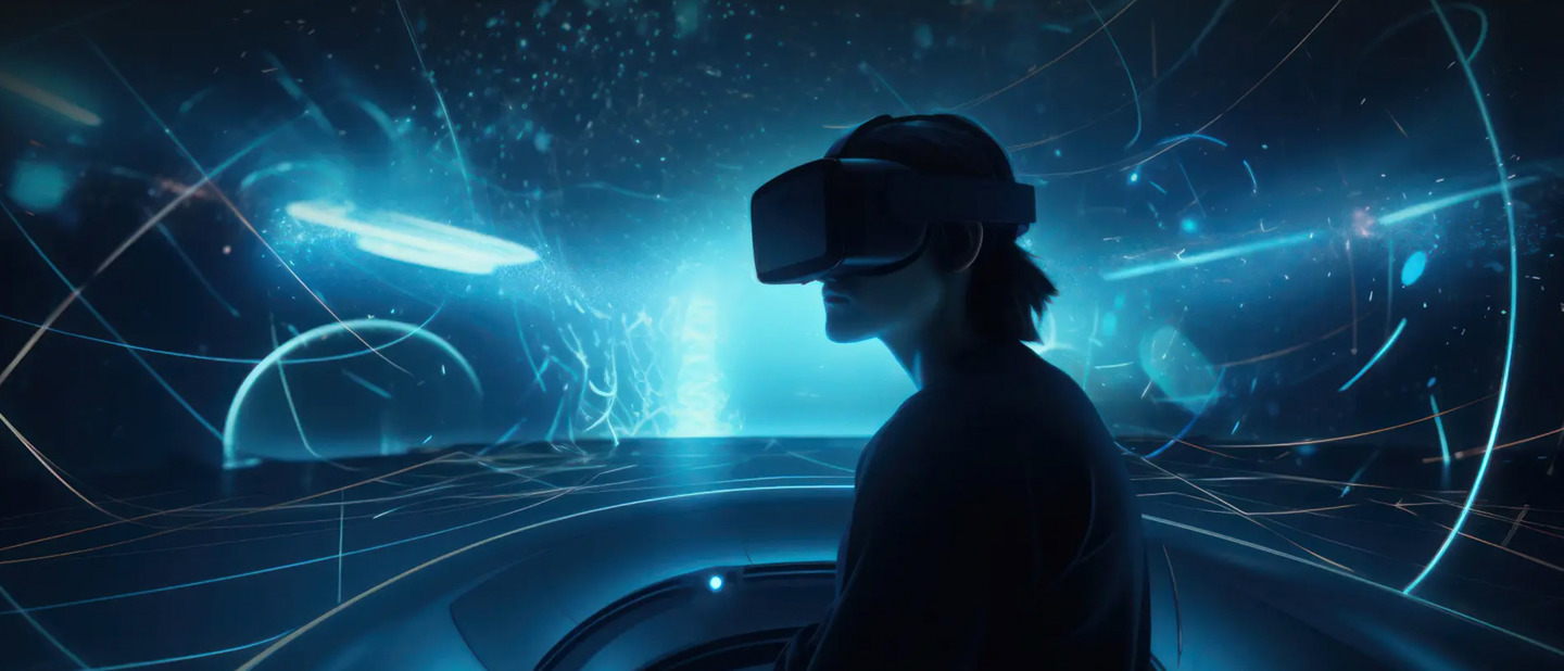 En person iført et VR-headset sidder i et futuristisk, blåt oplyst digitalt miljø med abstrakte lysmønstre.