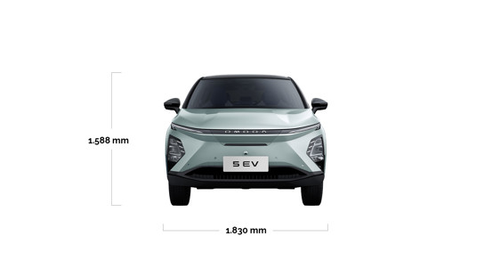 Frontbillede af en grøn OMODA 5 EV-bil med mærkede dimensioner: 1.588 mm højde og 1.830 mm bredde.